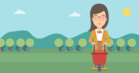 A woman standing with a plant and soil in a wheelbarrow on the background of mountain landscape vector flat design illustration. Horizontal layout.のイラスト素材