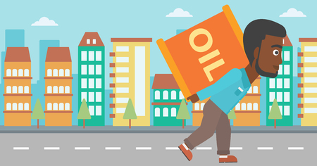 An african-american man carrying an oil can on his back on a city background vector flat design illustration. Horizontal layout.のイラスト素材