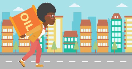 An african-american woman carrying an oil can on her back on a city background vector flat design illustration. Horizontal layout.のイラスト素材