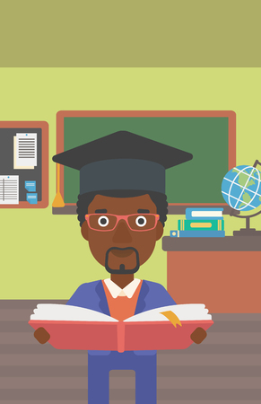 An african-american man in graduation cap with an open book in hands on the background of classroom vector flat design illustration. Vertical layout.のイラスト素材