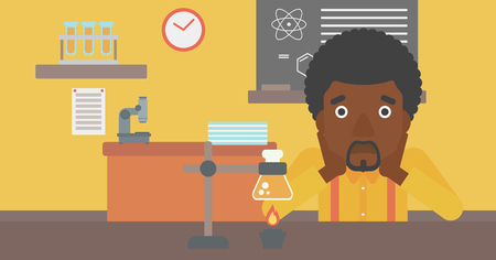 An african-american man clutching his head on the background of chemistry class vector flat design illustration. Horizontal layout.のイラスト素材