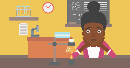 An african-american woman in despair clutching her head on the background of chemistry class vector flat design illustration. Horizontal layout.のイラスト素材