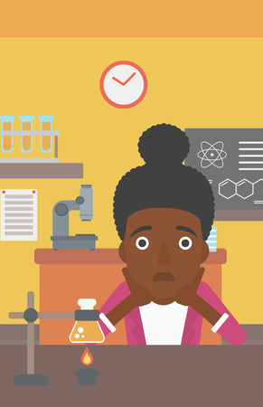An african-american woman in despair clutching her head on the background of chemistry class vector flat design illustration. Vertical layout.のイラスト素材
