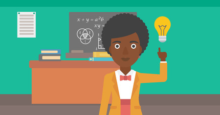 An african-american woman pointing a finger at the light bulb on the background of classroom vector flat design illustration. Horizontal layout.のイラスト素材