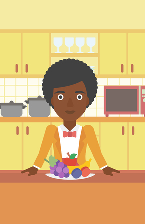 An african-american woman standing in front of table full of organic healthy food on the background of kitchen vector flat design illustration. Vertical layout.のイラスト素材
