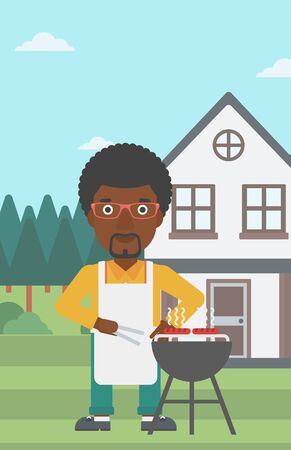 An african-american man preparing barbecue in the yard in front of house vector flat design illustration. Vertical layout.のイラスト素材
