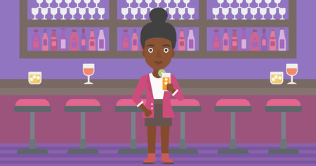 An african-american woman standing at the bar and holding a glass of juice vector flat design illustration. Horizontal layout.のイラスト素材