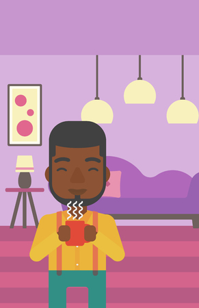 An african-american man drinking hot flavored coffee in living room vector flat design illustration. Vertical layout.のイラスト素材