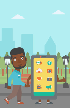 An african-american man walking with a big smartphone in the park vector flat design illustration. Vertical layout.のイラスト素材