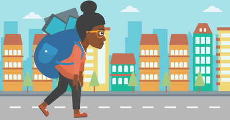 An african-american woman walking with a big backpack full of different devices on a city background vector flat design illustration. Horizontal layout.のイラスト素材
