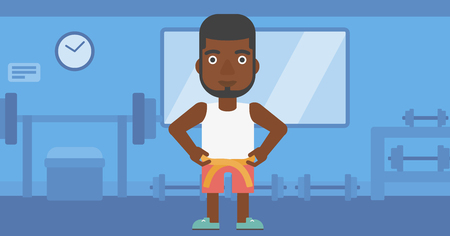 An african-american man measuring his waistline with a tape in the gym vector flat design illustration. Horizontal layout.のイラスト素材