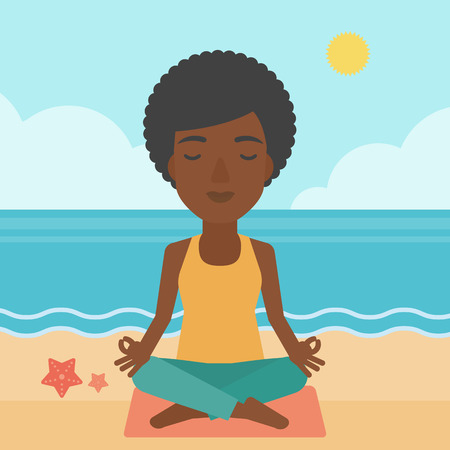 An african-american woman meditating in lotus pose on the beach vector flat design illustration. Square layout.のイラスト素材