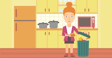 A woman putting junk food into a trash bin on the background of kitchen vector flat design illustration. Horizontal layout.のイラスト素材