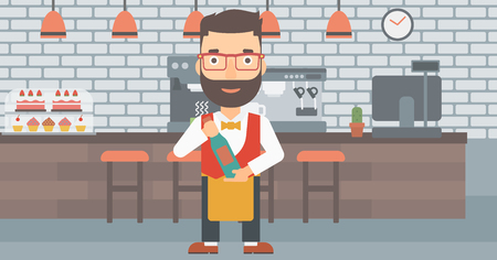 A hipster waiter with the beard holding a bottle in hands on the background of a cafe vector flat design illustration. Horizontal layout.のイラスト素材