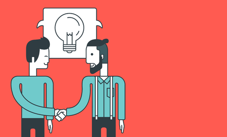 Two men standing standing face to face and handshaking for the successful business deal. Business partnership concept. Vector line design illustration. Horizontal layout.のイラスト素材