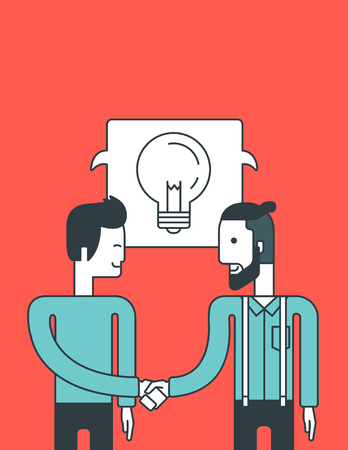 Two men standing standing face to face and handshaking for the successful business deal. Business partnership concept. Vector line design illustration. Vertical layout.のイラスト素材
