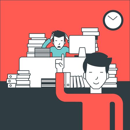 A businessman sitting at workplace with a lot of documents and a boss pointing at clock. Deadline concept. Vector line design illustration. Square layout.のイラスト素材