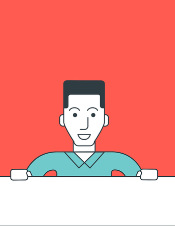 Man holding a blank banner. Vector line design illustration. Vertical layout.のイラスト素材
