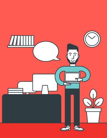 A hipster man with the beard standing in the office and pointing at his laptop. Vector line design illustration. Vertical layout.のイラスト素材