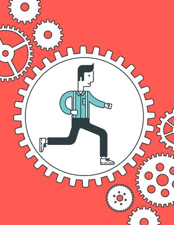 A man running inside the gear. Vector line design illustration. Vertical layout.のイラスト素材