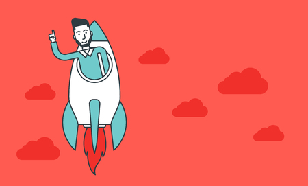 A hipster young man with raised hand flying in the rocket. Business start up concept. Vector line design illustration. Horizontal layout.のイラスト素材