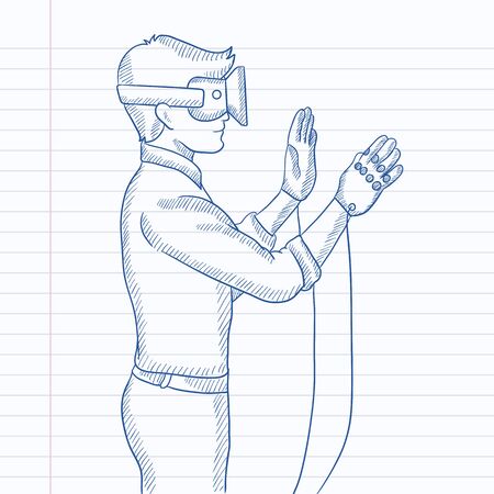 A man wearing a virtual relaity headset. Hand drawn vector sketch illustration. Notebook paper in line background.のイラスト素材