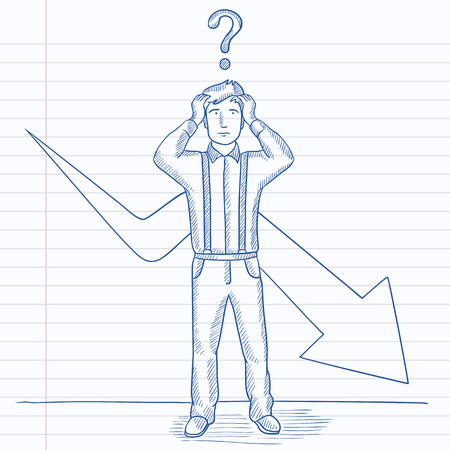 A businessman in despair with a question mark above his head and an arrow going down behind him. Hand drawn vector sketch illustration. Notebook paper in line background.のイラスト素材