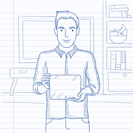 A man holding a tablet computer in hands on the background of living room. Hand drawn vector sketch illustration. Notebook paper in line background.のイラスト素材
