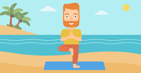 A hipster man with the beard standing in yoga tree pose on the beach vector flat design illustration. Horizontal layout.のイラスト素材