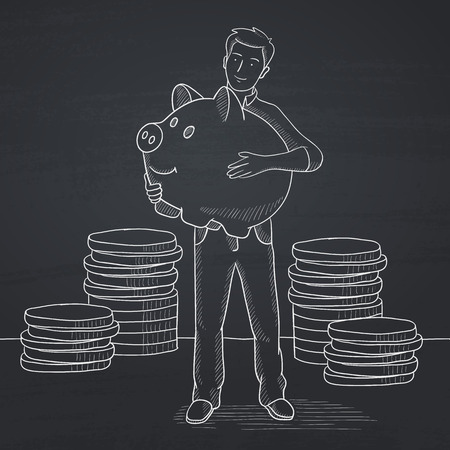 A man holding a big piggy bank in hands and stacks of coins behind him. Hand drawn in chalk on a blackboard vector sketch illustration.のイラスト素材