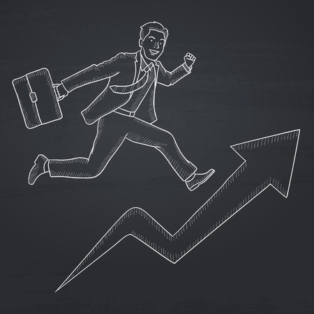 A businessman with a briefcase running on arrow going upwards. Hand drawn in chalk on a blackboard vector sketch illustration.のイラスト素材