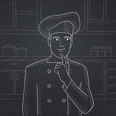 A cheerful chief-cooker in uniform standing in the kitchen and pointing forefinger up. Hand drawn in chalk on a blackboard vector sketch illustration.のイラスト素材
