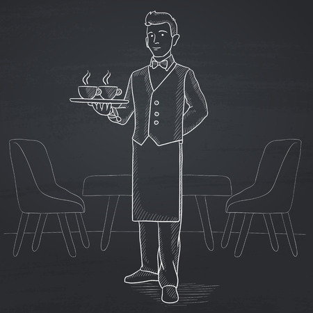 A waiter holding a tray with cups of tea or coffee at the bar. Hand drawn in chalk on a blackboard vector sketch illustration.のイラスト素材
