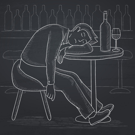 A man sleeping at the table with a bottle and a glass at the bar. Hand drawn in chalk on a blackboard vector sketch illustration.のイラスト素材