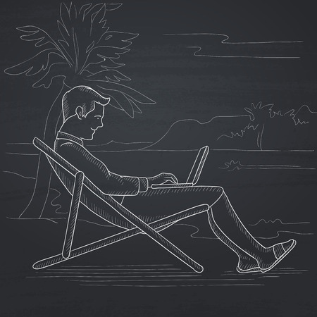 A businessman sitting on the beach in chaise lounge and working on a laptop. Hand drawn in chalk on a blackboard vector sketch illustration.のイラスト素材