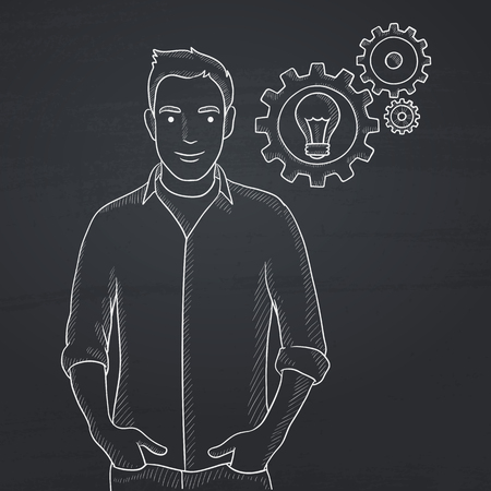 A man with some gears behind him and a light bulb in one of gears. Hand drawn in chalk on a blackboard vector sketch illustration.のイラスト素材