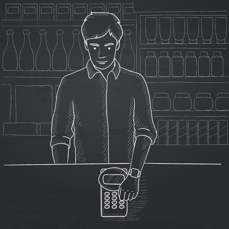 A man with smart watch on the wrist making payment transaction on the background of supermarket shelves with products. Hand drawn in chalk on a blackboard vector sketch illustration.のイラスト素材