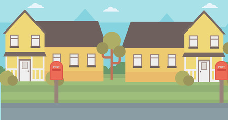 Background of suburban houses with mailboxes vector flat design illustration. Horizontal layout.のイラスト素材