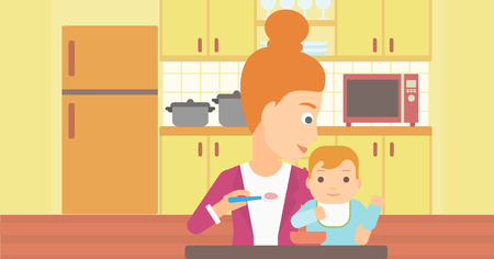 A young mother feeding baby on a kitchen background vector flat design illustration. Horizontal layout.のイラスト素材