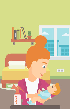 A woman holding a newborn baby and a breast pump standing on the table in front of her on the background of living room vector flat design illustration. Vertical layout.のイラスト素材