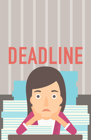 A scared woman sitting at the table with stacks of papers and having problem with deadline vector flat design illustration. Vertical layout.のイラスト素材