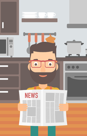 A hipster man with the beard reading the newspaper on the background of kitchen vector flat design illustration. Vertical layout.のイラスト素材
