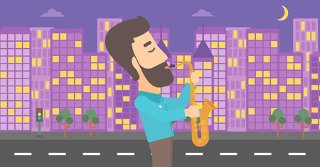 A hipster man with the beard playing saxophone on a night city background vector flat design illustration. Horizontal layout.のイラスト素材