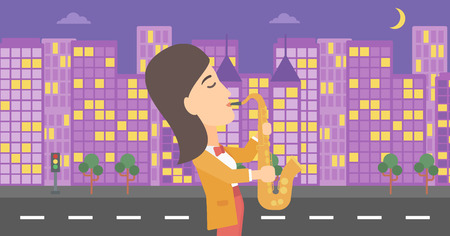 A musician playing saxophone on a night city background vector flat design illustration. Horizontal layout.のイラスト素材