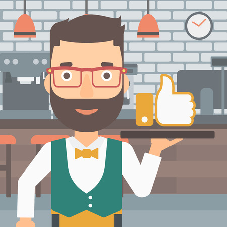A hipster waiter with the beard carrying a tray with like button on a cafe background vector flat design illustration. Square layout.のイラスト素材