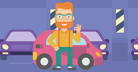 A hipster man with the beard holding keys from his new car on the background of car shop vector flat design illustration. Horizontal layout.のイラスト素材