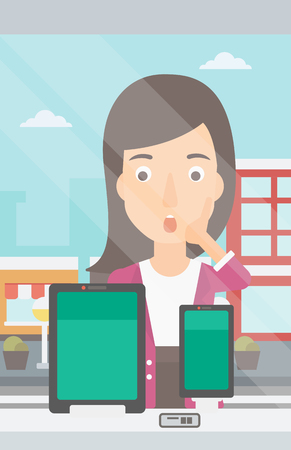 An astonished woman looking at digital tablet and smartphone through the shop window on a city background vector flat design illustration. Vertical layout.のイラスト素材