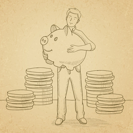 A man holding a big piggy bank in hands and stacks of coins behind him. Hand drawn vector sketch illustration. Old paper vintage background.のイラスト素材