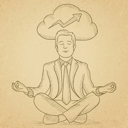 Businessman meditating in lotus pose and thinking about the growth of his business. Hand drawn vector sketch illustration. Old paper vintage background.のイラスト素材