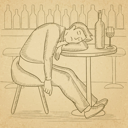 A man sleeping at the table with a bottle and a glass at the bar. Hand drawn vector sketch illustration. Old paper vintage background.のイラスト素材